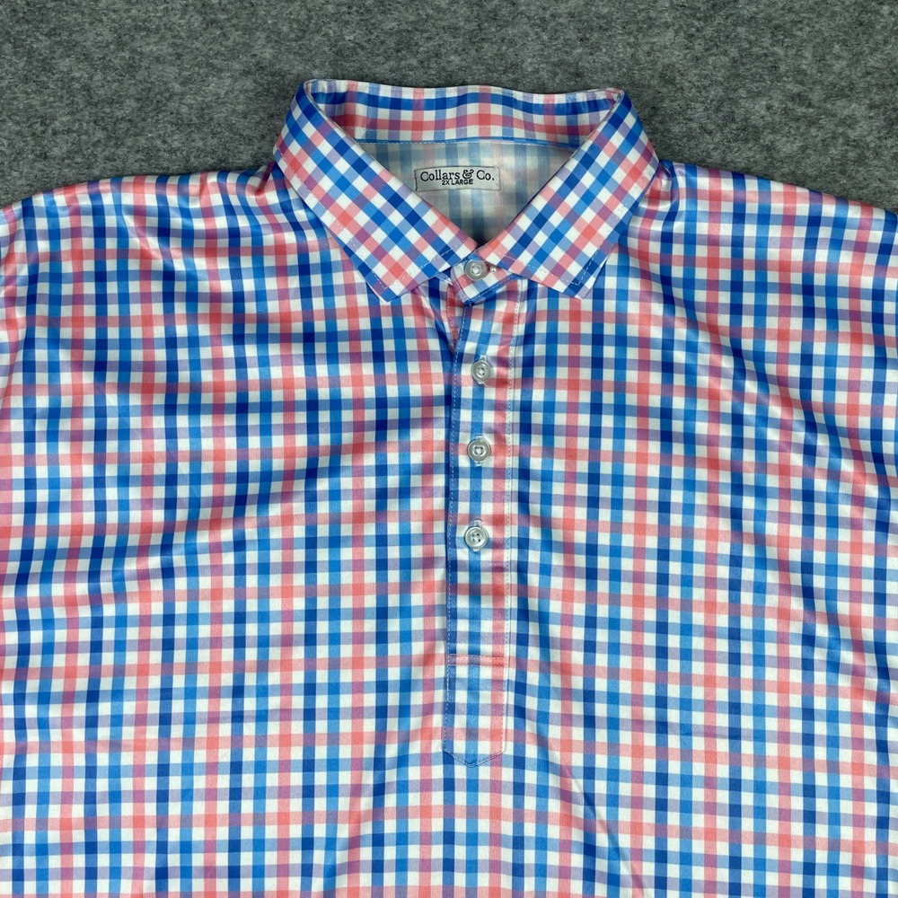 Collars & Co. Polo Mens 2XL Blue Pink Gingham Dress Collar Performance Check